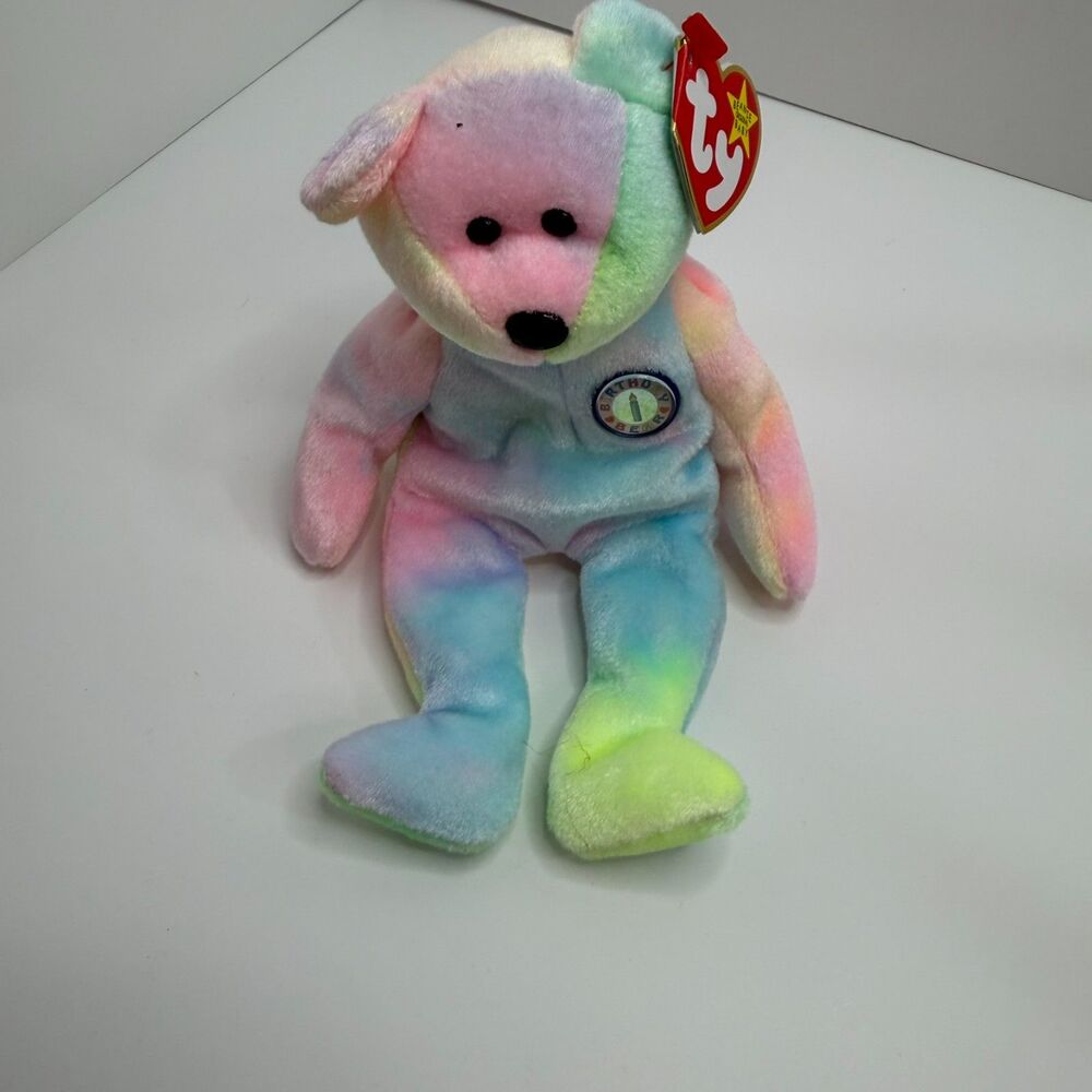 Ty Beanie Baby B.B. Bear Birthday Bear 1999 NWT Retired Pastel Multicolor